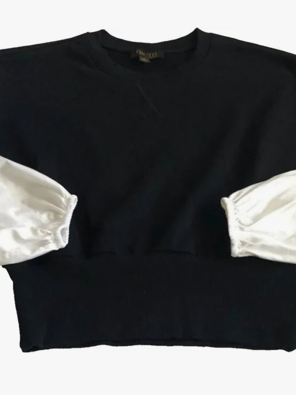 Black Crewneck Sweater with White Puff Long Sleeves Layer Look